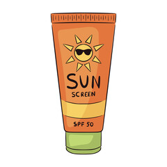 Hand Drawn Sunscreen Tube Isolated Vector illustration. Flat design Sun protection factor lotion. SPF cream template for skincare cosmetics, logo, web, stickers, prints