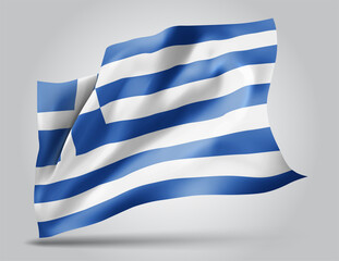 Greece, vector flag with waves and bends waving in the wind on a white background.