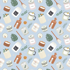 Modern scented candles, seamless pattern, natural wax decorated candles, various craft design, home aromatheraphy, interior decoration, hand drawn illustration, vector background