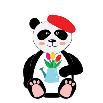 Illustration of a panda in a red beret holding a bouquet of tulips in a watering can