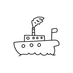 Hand drawn sailing ship on the waves. Doodle boat. Children drawing. Isolated vector illustration in doodle style on white background.