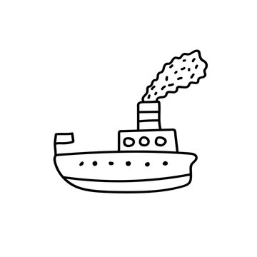 Hand drawn sailing ship on the waves. Doodle boat. Children drawing. Isolated vector illustration in doodle style on white background.