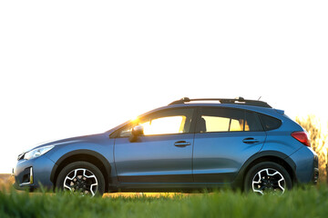 Landscape with blue off road car on green grass at sunset. Traveling by auto, adventure in wildlife, expedition or extreme travel on a SUV automobile. Offroad 4x4 vehicle in field at sunrise. © bilanol