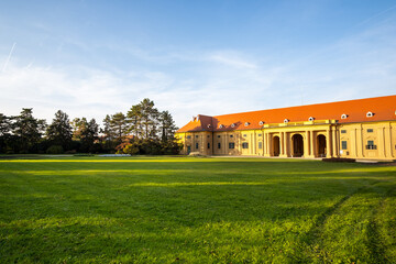 Green gardens in Lednice castle Chateau yard in Moravia, Czech Republic. UNESCO World Heritage Site.