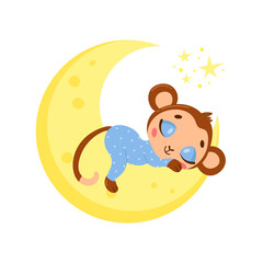 Fototapeta premium Vector illustration of a cute cartoon monkey sleeping on the moon. Baby animals are sleeping.