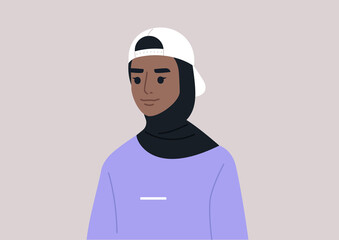 A portrait of a young female Muslim character wearing a hijab with a cap, modern lifestyle