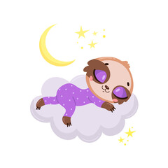 Illustration of a cute cartoon sloth sleeping on a cloud. Baby animals are sleeping.
