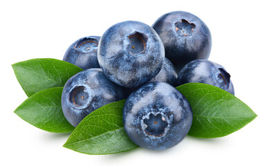 Blueberry with leaves isolated on white background. Blueberry with clipping path. Blueberry on white.