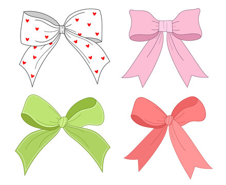 Set of cute cartoon vintage style bows. Hand drawn decorative ribbon gift or hair bow collection. Colorful flat style vector illustration isolated on white background. Design element


