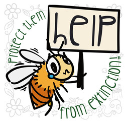Cute Bee with Sign Demanding Protection of It, Vector Illustration