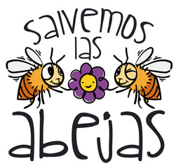 Bees with Flower and Message in Spanish Promoting Conservation Efforts, Vector Illustration