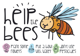 Cute Bee with some Recommendations and Conservation to Help It, Vector Illustration