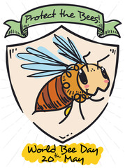 Shield, Ribbon and Cute Bee Promoting World Bee Day, Vector Illustration