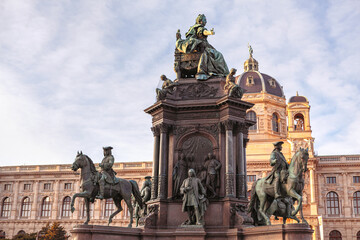 Fototapeta na wymiar Maria Theresien monument with four sets of statues. Art History and Natural History Museums in Vienna . Maria Theresien Platz in Vienna downtown