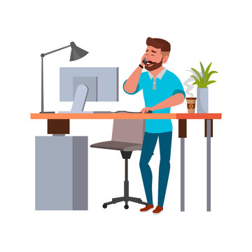 bearded man talking with client on phone and checking order on computer cartoon vector. bearded man talking with client on phone and checking order on computer character. isolated flat cartoon
