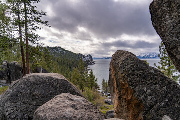 Lake Tahoe Nevada near Cave Rock on a cloudy day in the winter