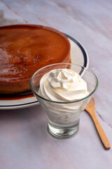 inverted cake chocoflan flan with chocolate sponge cake with cream delicious sweet dessert on counter