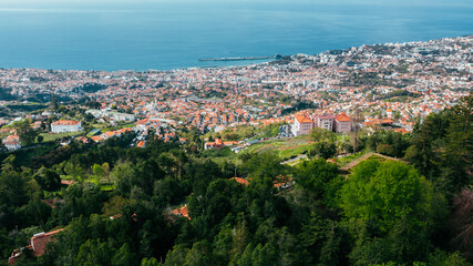 Aerial panoramic view of Funchal city from Monte, Madeira island
