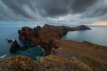 Cliffs view on East coast of Madeira island at sunrise. Ponta de Sao Lourenco. Portugal.