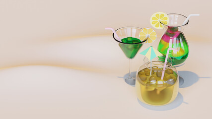 Summer Landing Page Template With Martini Glass, Cocktail Glass, And Jar 3D Rendering