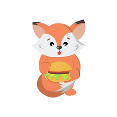 Fox eating big burger. Vector illustration