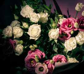 Beautiful natural background for valentine day, 8 march, and love theme, colorful bouquet of different fresh roses, close up, vintage style.