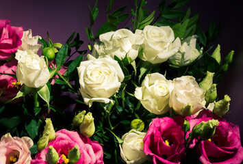 Beautiful natural background for valentine day, 8 march, and love theme, colorful bouquet of different fresh roses, close up, vintage style.