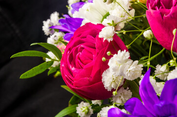 Background for a greeting card - beautiful gift bouquet of various colorful decorative summer flowers