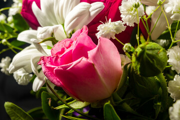 Background for a greeting card - beautiful gift bouquet of various colorful decorative summer flowers