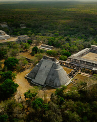 Pyramid of the Magician, in the Uxmal ancient Mayan city in Yucatan, Mexico. Aeriel view.