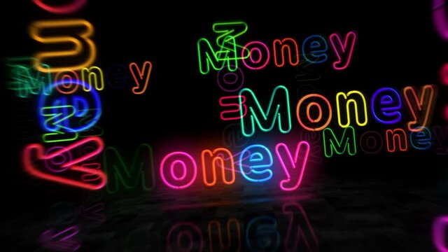 Money neon symbol. Light color bulbs with business sign. Abstract concept 3d flying through the tunnel animation.