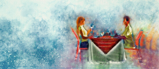 Romantic dinner. Watercolor love concept.