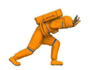 astronaut is pushing on white background side view