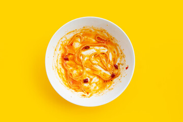 Dirty dish on yellow background.