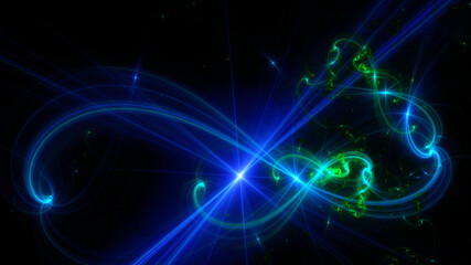 Abstract background, smooth multicolored lines on a black background.