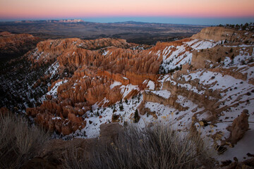Snow covered Bryce Canyon after sunset