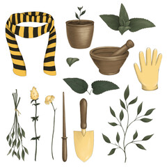 Magic set of illustrations with garden equipment, scarf, leaves, flowers, branch, mortar and pestle, flower pot, shovel, glove, wand. - obrazy, fototapety, plakaty