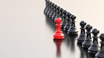 Leadership concept, red pawn of chess, standing out from the crowd of black pawns, on white background with empty copy space on left side. 3D Rendering
