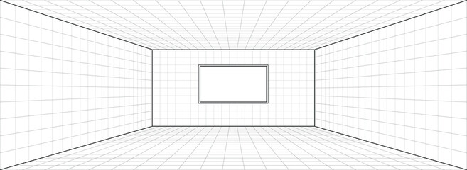 Room perspective grid background 3d Vector illustration. Interior design model projection background template. Line one point perspective