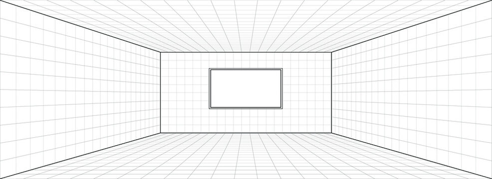 Room perspective grid background 3d Vector illustration. Interior design model projection background template. Line one point perspective