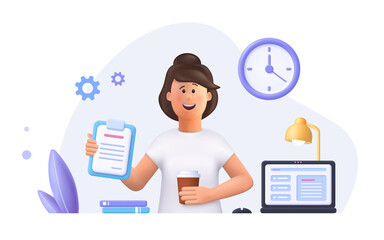 Young woman Jane - freelance worker working with laptop at home. Daily work routine. 3d vector people character illustration.