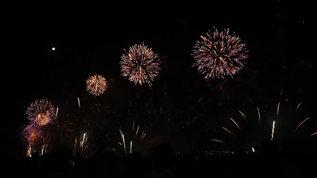 Reveillon New Years fireworks display along Copacabana Beach, Rio de Janeiro, Brazil