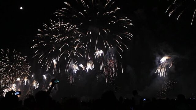 Reveillon New Years fireworks display along Copacabana Beach, Rio de Janeiro, Brazil