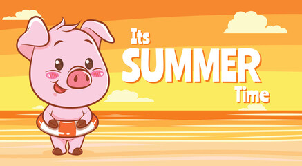 cute pig and swimming ring with a summer greeting banner.