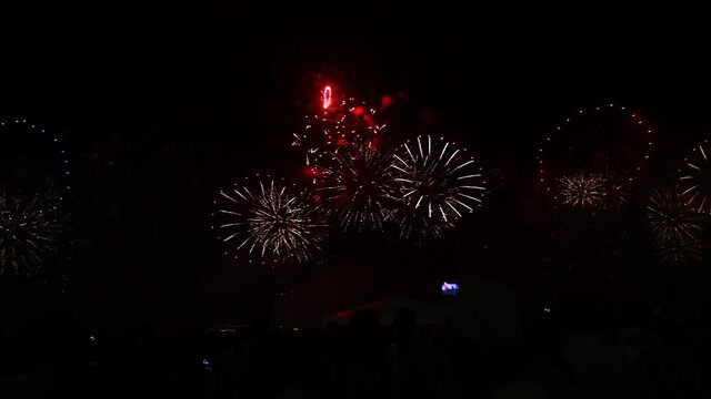 Reveillon New Years fireworks display along Copacabana Beach, Rio de Janeiro, Brazil