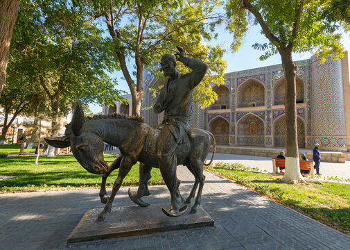 Monument to Hodja Nasreddin in Central City Square. He is a national hero of the national folklore of Central Asia countries. Bronze statue man donkey