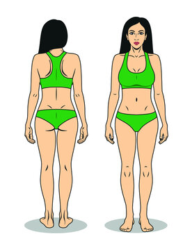 The girl stands in full growth, facing forward. The figure of a woman, seen from the back. Vector image.