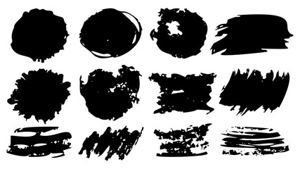Brush strokes smear ink black stains hand drawn set. Grunge vintage spots with white spaces. Suitable background for text titles and advertisements. For price tags, promotions and sales