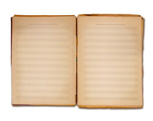 Old music score notebook or staff book. Isolated on white.