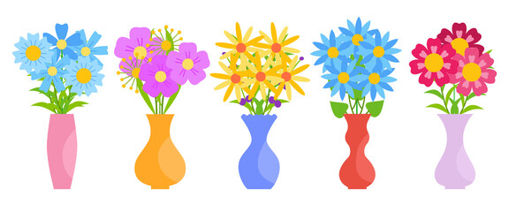 Vases with colored blooming flowers set. Gerberas, asters, buttercups, chrysanthemums. Bundle of bouquets. Design for greeting cards, banners, invitations, posters. Herbal element. Vector flat style